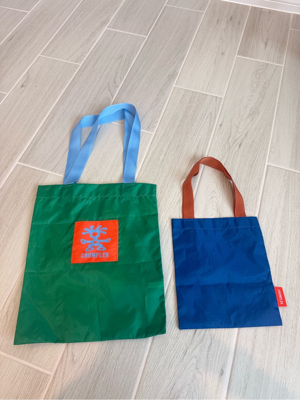 Crumpler Green Nylon Tote with Blue Straps + Blue Mini Tote